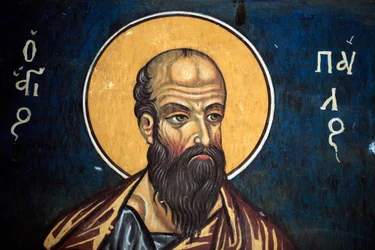 Saint Paul: Byzantine fresco from the 14th Century (1332) Nathex, south wall Phorbiotissa Virgin church, Asinou UNESCO site Troodos region, Cyprus