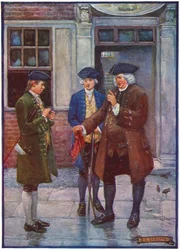 Samuel Johnson, English man of letters, talking to Oliver Goldsmith, English author