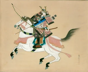 Samurai Warrior riding a horse. A Japanese painting on silk, in a traditional Japanese style
