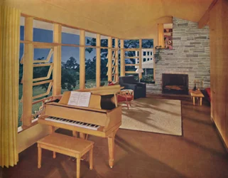 Scale model of a large living-room 25 feet long in a modern house, designed by Edward D. Stone
