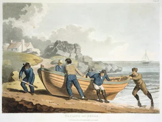 Seamen hauling a clinker-built dinghy up onto the shore