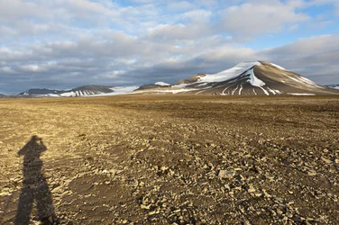 Shadow of a human, polygonal structural soil on the Plataberget, snow-covered peak Nordenskjoeldfjellet in the background, near Longyearbyen, Spitsbergen, Svalbard, Norway, Europe
