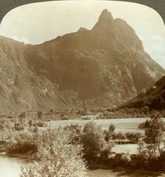 Sharp Pinnacles of Romdalshorn Crowning Mountain Wall Above Rauma River, Norway, c1905