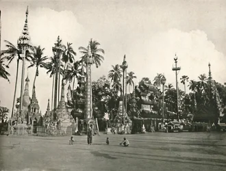 Shrines at the Shwe Dagon Pagoda, Rangoon, 1900