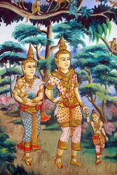 Siddhartha Gautama, his wife Yashodhara and his son Rahula, painting depicting the life story of Shakyamuni Buddha, Wat Naxai, Vientiane, Laos