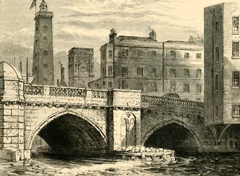 South End of Old London Bridge, with Shot Tower and St. Olaves Church, in 1820
