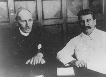 Soviet leader Josef Stalin with French writer Romain Rolland, Moscow, USSR, 28 June 1935