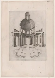 Speculum Romanae Magnificentiae: Interior and ground plan of an octagonal temple, 16th century