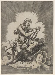 St. John, seated and holding a writing instrument to a tablet, an eagle with outstretched wings