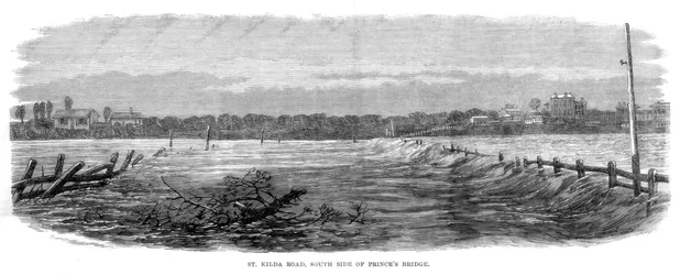 St Kilda Road, South Side of Princes Bridge - Floods at Melbourne, Australia, 1864