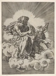 St. Matthew, seated on a cloud with legs crossed and dipping a quill into an inkwell