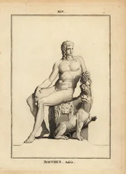 Statue of Bacchus, the Roman god of wine, seated naked with a bunch of grapes and a dog