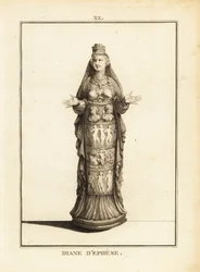 Statue of Diana of Ephesus, Artemis of Ephesus, with bare breasts and body encased in a decorated pillar