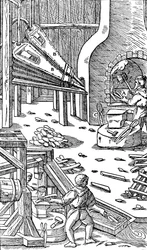 Steel production: a forge with bellows to produce draught