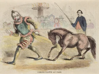 Street clown and steamer. Picture from the first booklet of the 19th century