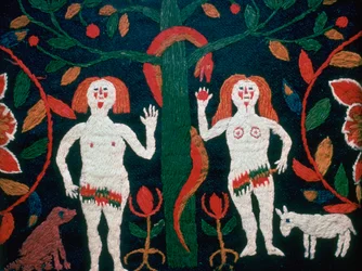 Swedish embroidery of Adam, Eve, and the serpent