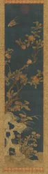 Tapestry: birds, peach-tree, rocks, and flowers on a blue ground, Qing dynasty, 1644-1911