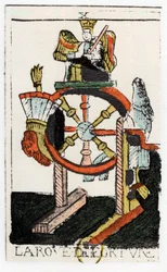 Tarot card of The Wheel of Fortune, Noblet Tarot, 17th century