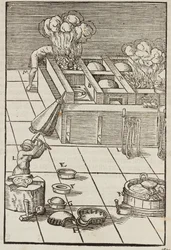 Technique and Instruments for Heating Silver Ore - Engraving from Description of Ores and Principal Mining Methods, by Lazarus Ecker