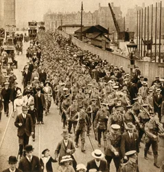 Territorials from Summer Camp marching over Westminster Bridge, 1914-1918
