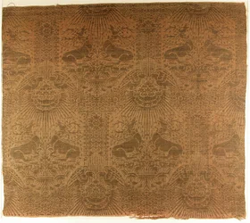 Textile Fragment with Recumbent Harts, Eagles, Clouds, and Sunrays, Italian, 1390s