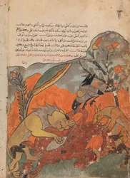 The Attack on the Camel by the Lion, Crow, Wolf, and Jackal, Folio from a Kalila, 18th century