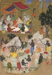 The Awakening of Kumbhakarna in the Golden City of Lanka, Folio from a Ramayana, ca. 1605