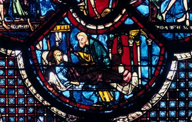 The Good Samaritan Cares for the Pilgrim, Stained Glass, Chartres Cathedral, France