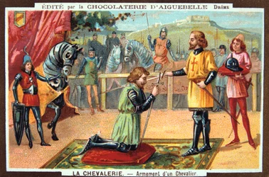 The Knights - Knighting a Knight, Middle Ages. 19th Century. Colour lithograph. Private collection