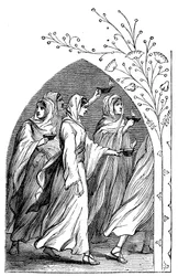 The Wise Virgins going to meet the bridegroom, their lamps shining brightly