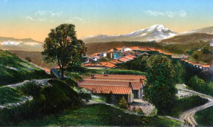 The barracks with distant snow-capped mountains, Chakrata, India, early 20th century