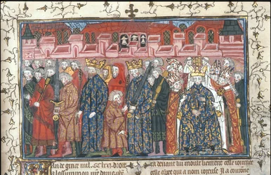 The coronation of Philip II Augustus in the presence of Henry II of England, from the Chroniques de France ou de St Denis, after 1380