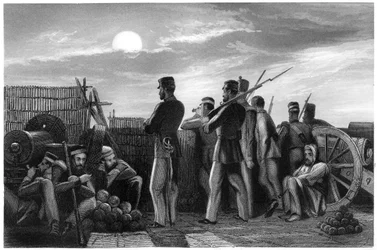 The defenders on the lookout, battery at Lucknow, 1857