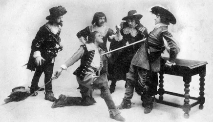 The duel, scene from act I of The Breed of the Treshams by John Rutherford, 20th century