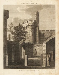 The entrance of a street defended by a chain in grooves in posts and raised by a windlass at right