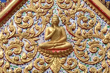 The first sermon Buddha gave after attaining enlightenment. Wat Si Sou Mang Karam Temple. Vang Vieng. Laos, 20151102, Vang Vieng, Laos