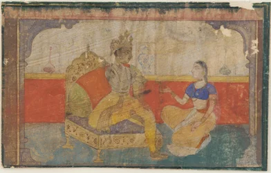 The lover Krishna in conversation with the messenger from the beloved, from a Rasikapriya