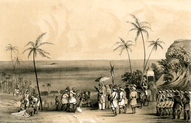The merchants of Calicut seized and chained to a barren rock by order of Tippoo Saib, 1847
