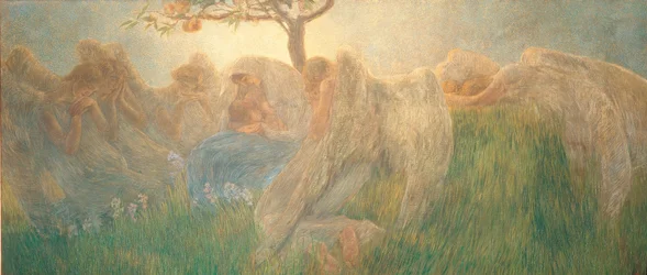 The Mother Wearing a Veil on Green Grass with Flowers and Trees Embraces the Son During Breast-Feeding