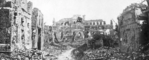 The ruined town and church bell tower of Albert, Somme, France