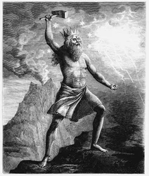Thor, God of Thunder in the Scandinavian Pantheon, Wielding His Hammer