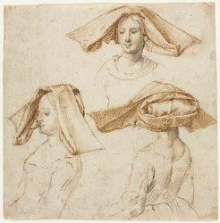 Three Studies of a Woman Wearing an Elaborate Headdress, c. 1500