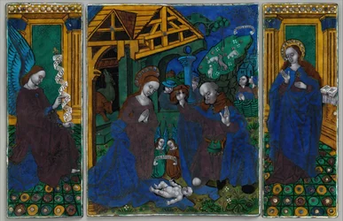 Three plaques from a triptych with the Adoration of the Shepherds...