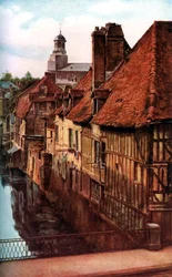 Timber houses by the Pont de Caen in Caudebec-en-Caux, Normandy, France, c1930s