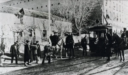 Tramway Strike in Madrid, the Civil Guard Charges at Strikers Who Try to Stop a Tramway, Published in the Magazine 