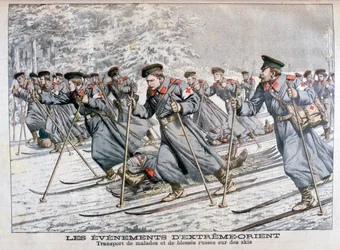 Transporting Sick and Wounded Russian Troops on Skis, Russo-Japanese War