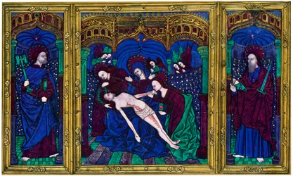 Triptych, champlevé enamel on copper