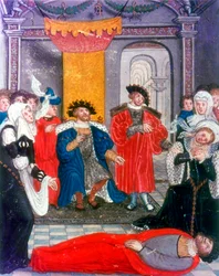 Trojan War: King Priam of Troy mourning over the body of his son Hector, 16th century