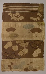 Tsujigahana Textile with Horizontal Stripes, Flowering Plants, Fans, Snowflakes