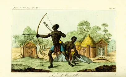 Two Luanda men of Cancobella, Angola, with bows and arrows, in front of dwellings, huts, sacred fetish altars, etc.